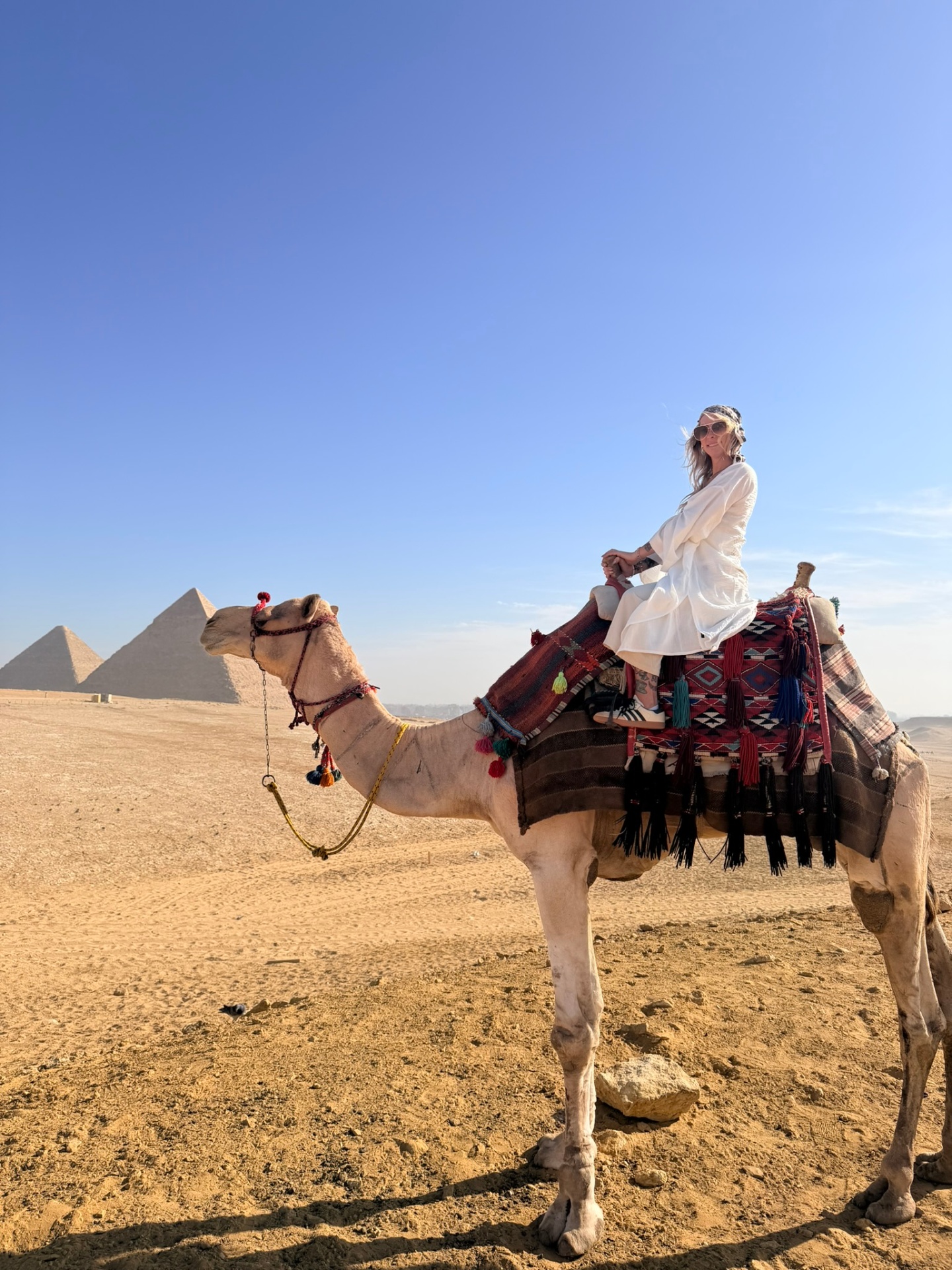 Alyssa on a camel in front of the pyramids of Giza