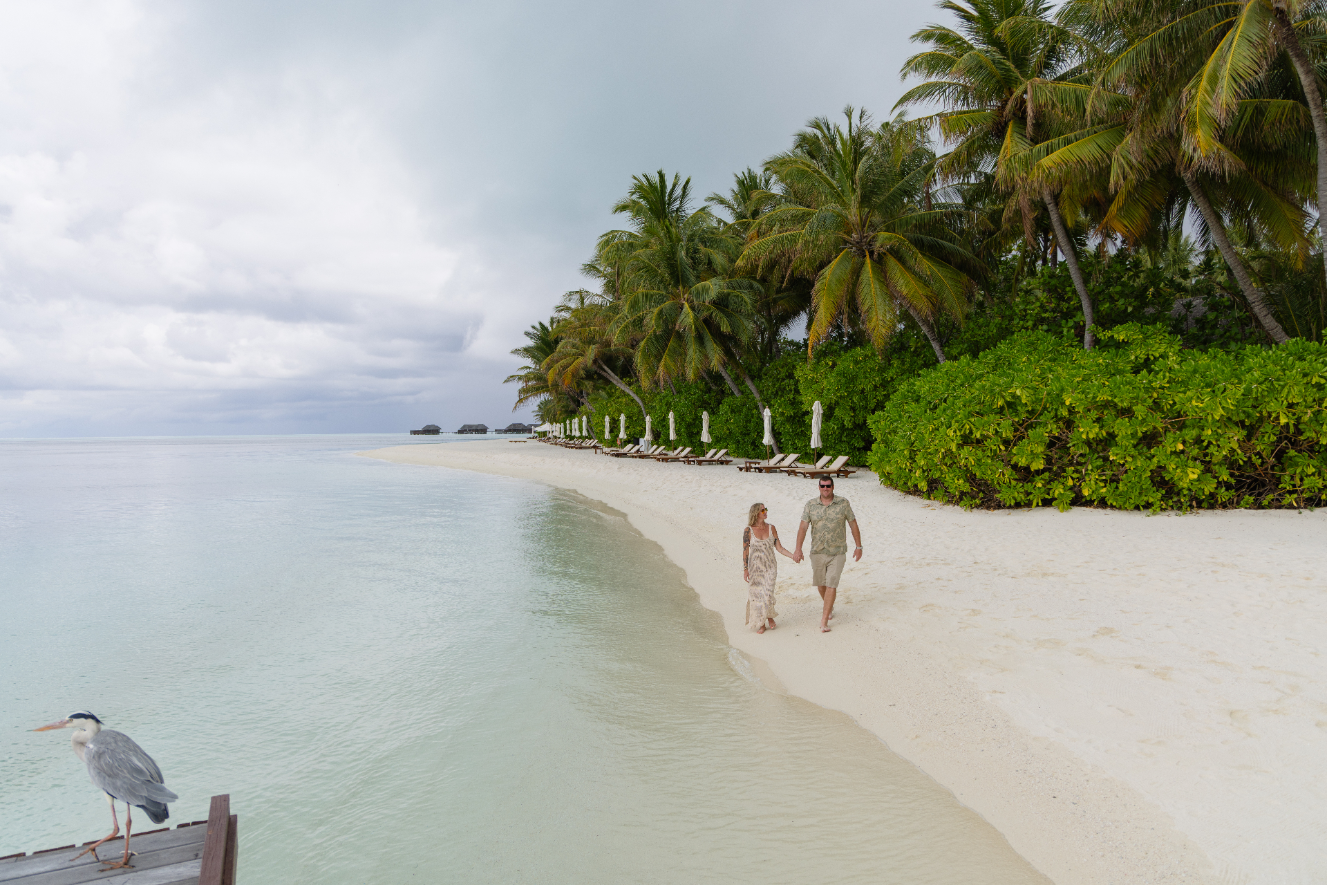 Alyssa and her partner walking a palm-lined Maldives beach